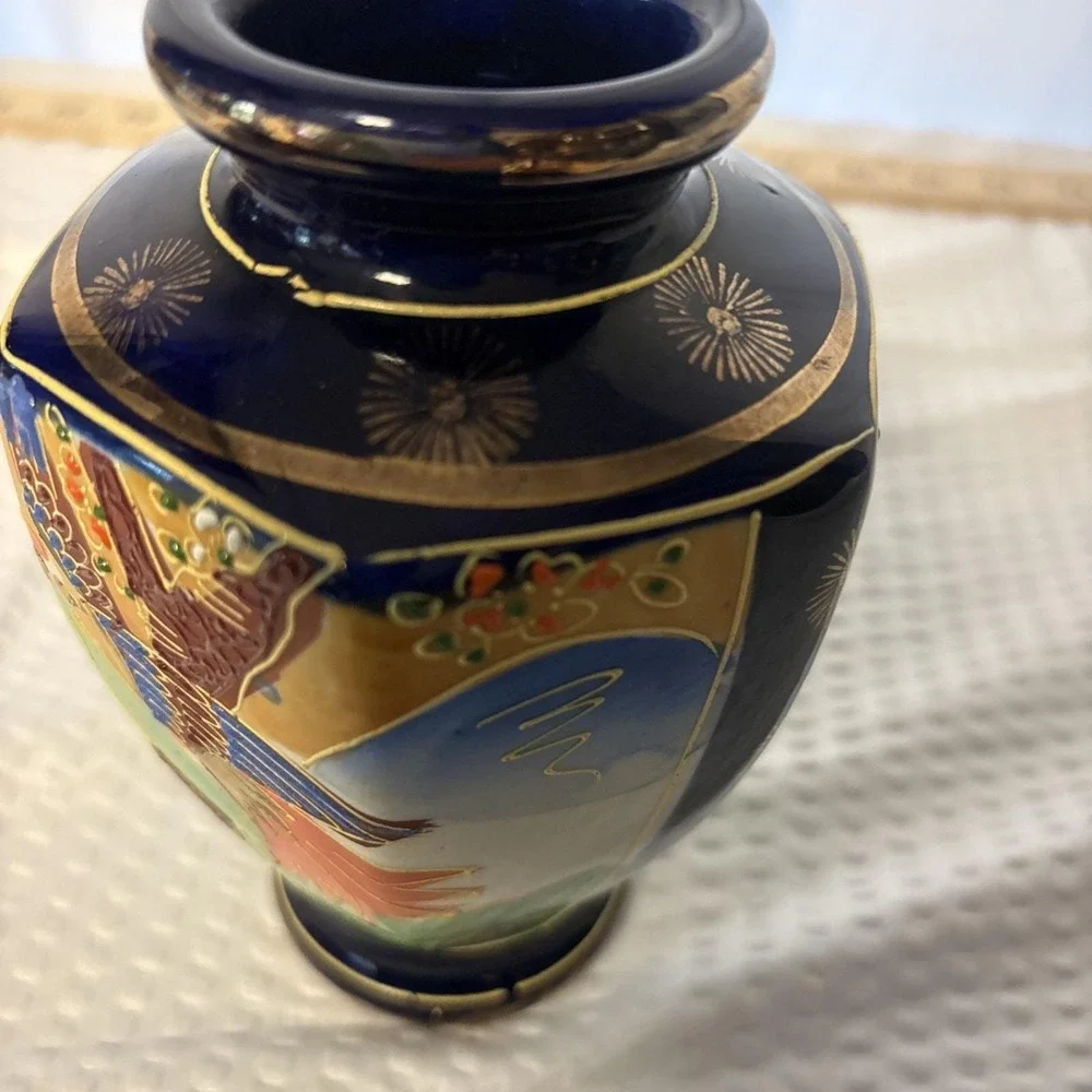 Vintage Cobalt Blue Japanese Satsuma Moriage 6